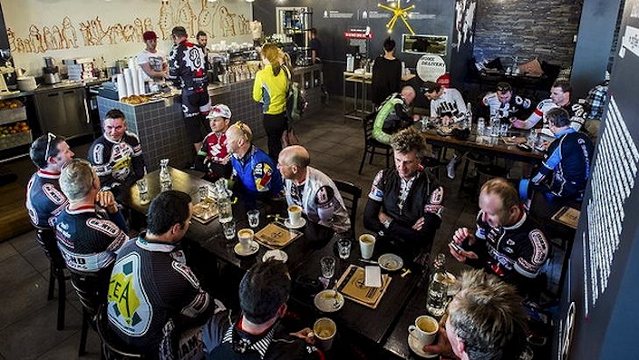 Cyclists in cafes