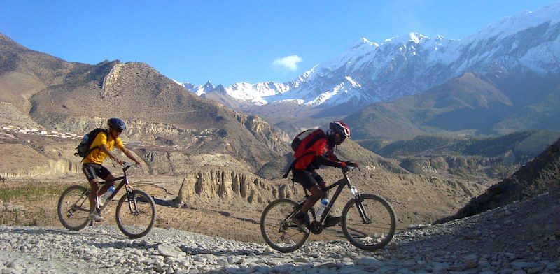 Mountain bike riding in Jomsom area, Nepal