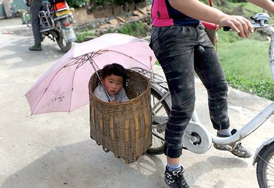 Child in a bicycle basket