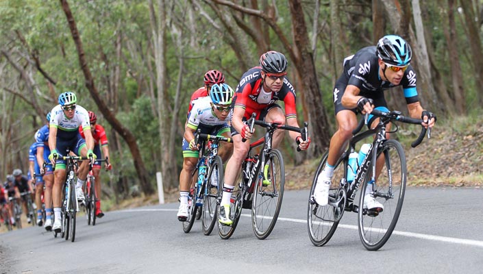 Caleb Ewan racing behind Cadel Evans and Richie Porte