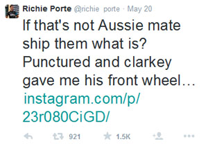 Tweet by Richie Porte @richie_porte regarding Simon Clarke's assistance at Giro d'Italia