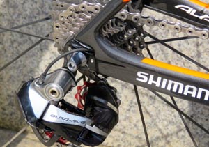 Joe Cooper's Shimano Di2 rear derailleur upgraded with CeramicSpeed jockey wheels