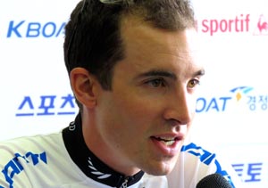 Pro cyclist Joe Cooper takes press questions