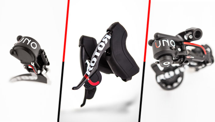 ROTOR UNO hydraulic shifting road groupset: front derailleur, brake levers, and rear derailleur