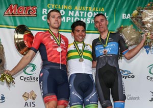 Australian Road National Championship Criterium Podium - 1st - Caleb Ewan (NSW), 2nd - Brenton Jones (Vic), 3rd - Anthony Giacoppo (WA)