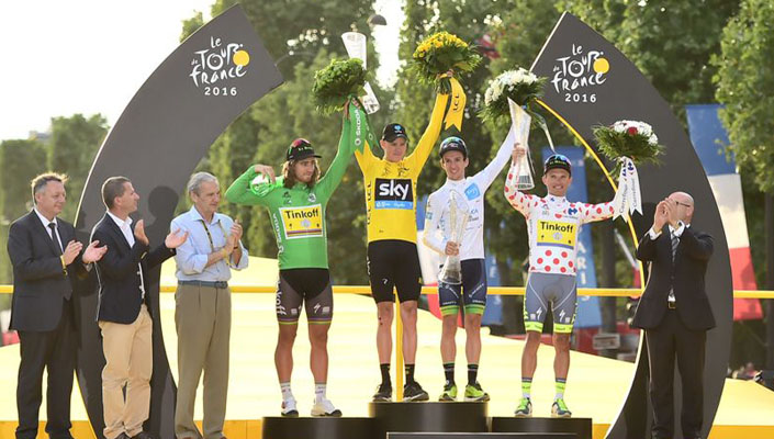 Sagan, Froome, Yates, Majka - green jersey, yellow jersey, white jersey, polka dot jersey- Tour de France 2016 final classifications winners