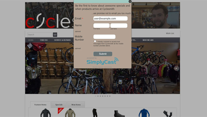 Cyclesmith's website is programmed to capture customer emails