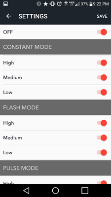 CycliqPlus app screenshot - Android - light settings for Fly12