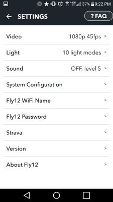 CycliqPlus app screenshot - Android - settings for Fly12
