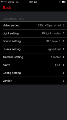CycliqPlus app screenshot - iPhone - settings for Fly12