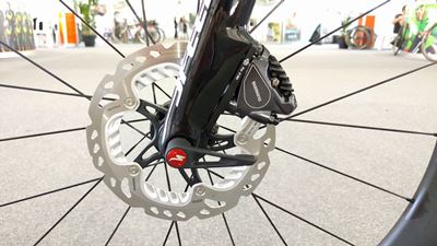 Front disc brake caliper and rotor of Peter Sagan's S-Works Venge ViAS Pro Disc at Tour Down Under