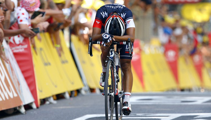 An exhausted Jarlinson Pantano finishes 3rd in Stage 16 of Tour de France 2015.